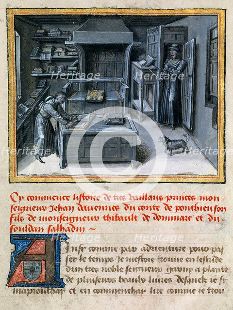 The translator reading the Latin text in the library, ca 1460.