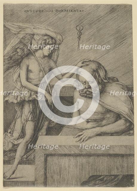 The Guardian Angel: an angel at left placing his hand on the head of a sleeping s..., ca. 1500-1503. Creator: Jacopo de' Barbari.