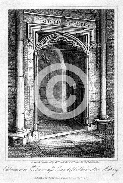Entrance to St Erasmus's Chapel, Westminster Abbey, London, 1817.Artist: W Wallis