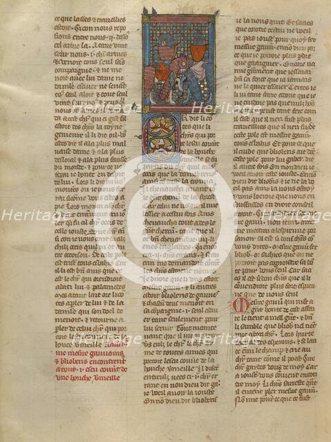 Gauvain and Blioberis Meeting a Knight with a Red Shield, about 1320-1340. Creator: Jeanne de Montbaston.