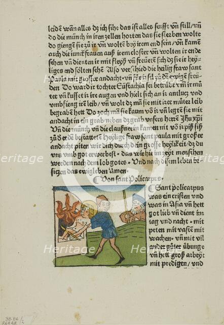 Saint Policarpus from Lives of the Heiligenleben, Sommerteil (Saints, Summertime)..., 1929. Creators: Unknown, Johannes Baemler, Jacobus de Voragine, Wilhelm Ludwig Schreiber.