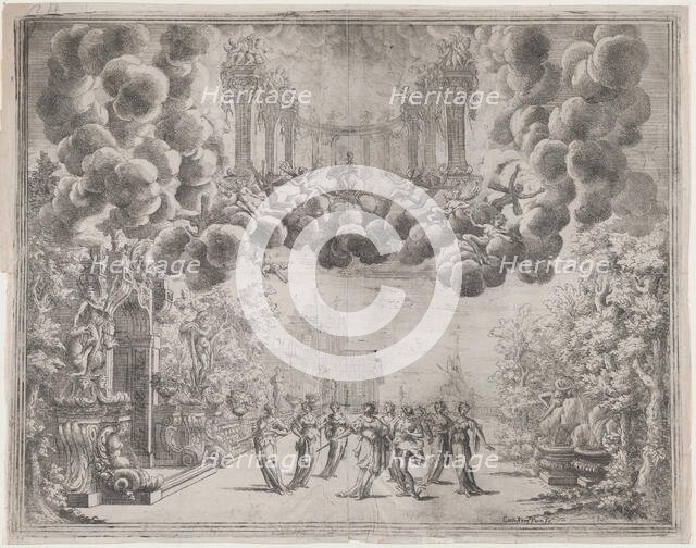 Stage design with allegorical figures; from 'L'Idea di tutti le perfezioni ... Piacenz..., ca. 1690. Creator: Carlo Antonio Forti.