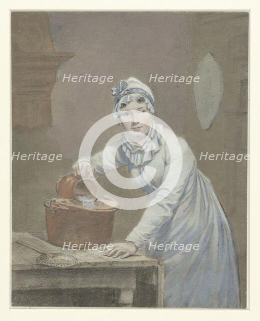 Maid pours milk into a saucepan, 1799. Creator: Jean Baptiste Mallett.