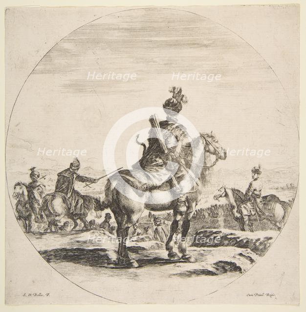 Polish horseman with a bow and arrow, seen from behind with his horse facing right, a ..., ca. 1651. Creator: Stefano della Bella.