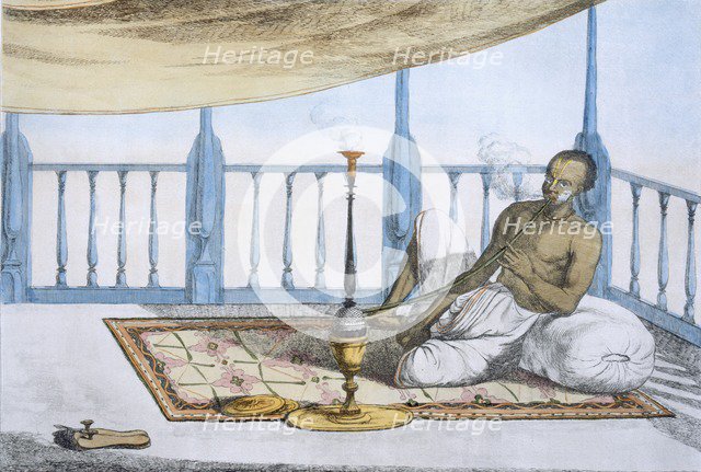 Man smoking a hookah of hashish or opium, pub. 1808-12. Creator: Franz Balthazar Solvyns (1760-1824).