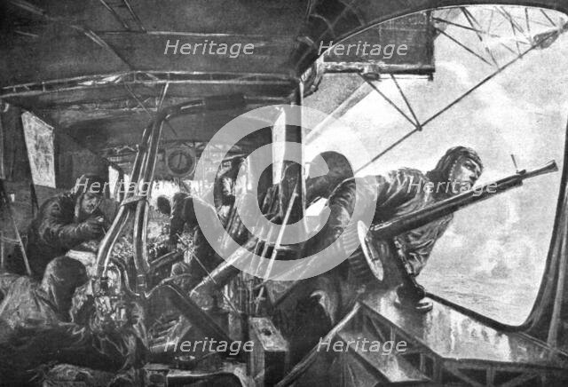 The German Air Fleet; On board a zeppelin: in the rear, under attack by Allied planes..., 1917. Creator: Unknown.