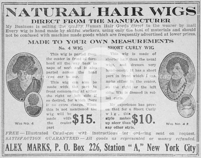 Natural hair wigs; Direct from the manufacturer, 1918-1922. Creator: Unknown.