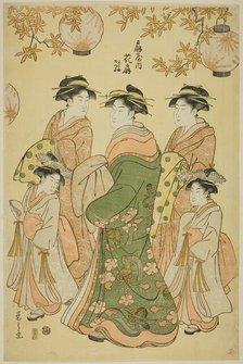 The Courtesan Hanaogi of the Ogiya, with Child Attendants Yoshino and Tatsuta, c. 1793. Creator: Hosoda Eishi.