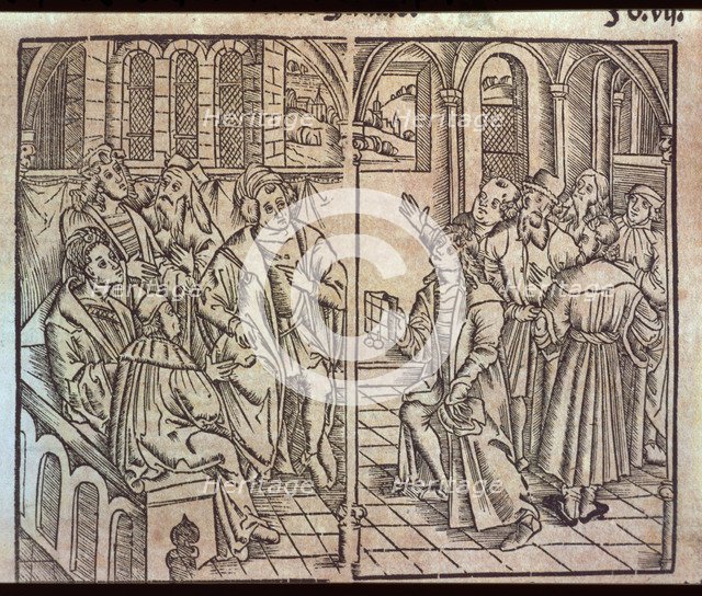 Efforts by Columbus to convince on the theories of the New World, illustration from the book 'Gen…