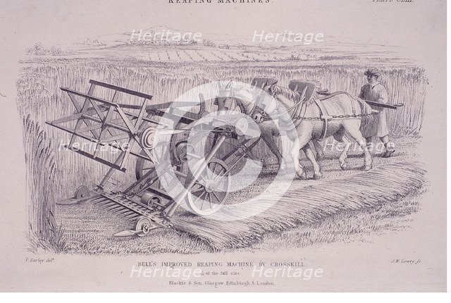Bell's improved reaping machine by Crosskill, c1840s.  Artist: Joseph Wilson Lowry