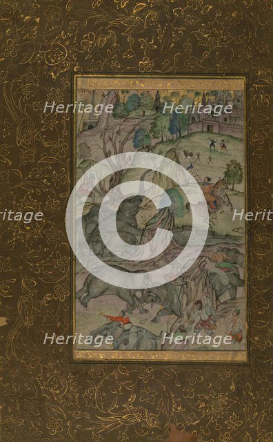 Single Leaf of Elephants on a River Bank, late 10th century AH/AD 16th-early 11th century AH... Creator: Unknown.