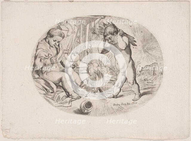 Putto at left by a fire, another at right carrying wood, an allegory of the seasons, ca.1650-80. Creator: Anon.