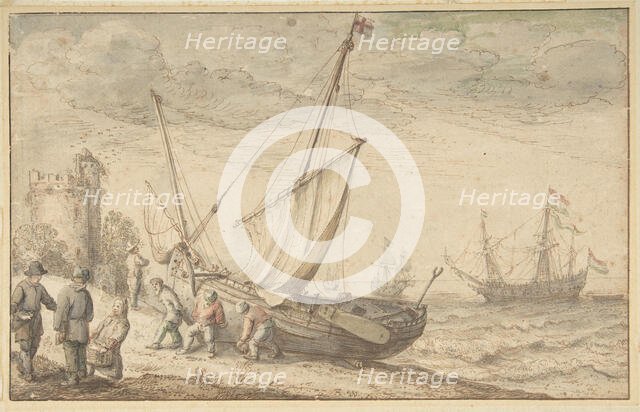 Fisherfolk Hauling their Boat onto the Shore, n.d.. Creator: Adam Willaerts.