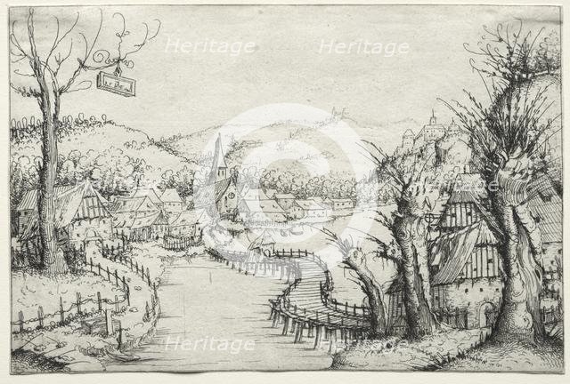 River Landscape with three bare willow-trees at right and a long winding wooden bridge..., 1546. Creator: Augustin Hirschvogel (German, 1503-1553).