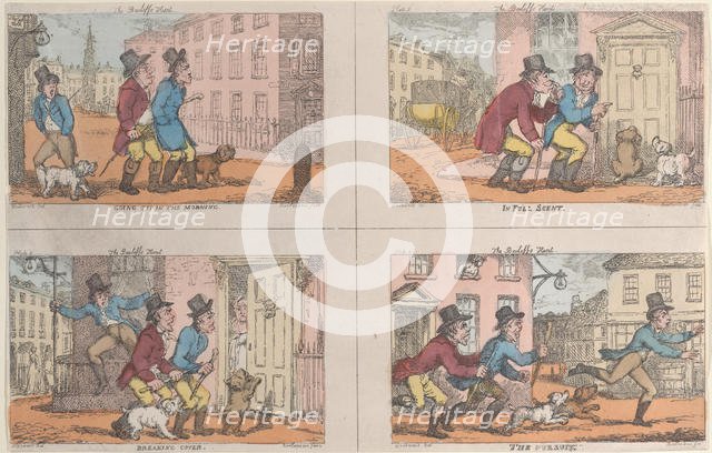 The Bailiff's Hunt: Going Out in the Morning, In Full Scent, Breaking Cover, and The Pursu..., 1809. Creator: Thomas Rowlandson.