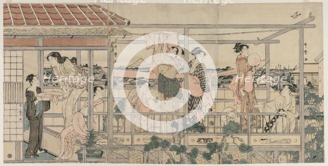 Women Hanging Laundry to Dry on a Balcony , early 1790s. Creator: Kitagawa Utamaro (Japanese, 1753?-1806).