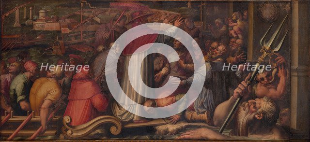 Pope Eugene IV disembarks at Leghorn to take refuge in Florence, 1563-1565. Artist: Vasari, Giorgio (1511-1574)
