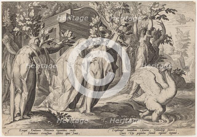 Phaeton's Sisters Changed into Poplars, and Cygnus into a Swan, 1589. Creator: Goltzius, Workshop of Hendrick, after Hendrick Gol.