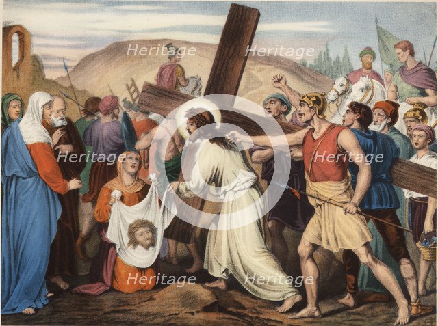 Via Crucis. Sixth station. Veronica wipes off Jesus face. Drawing by Pascual. Barsal Editions, Ba…