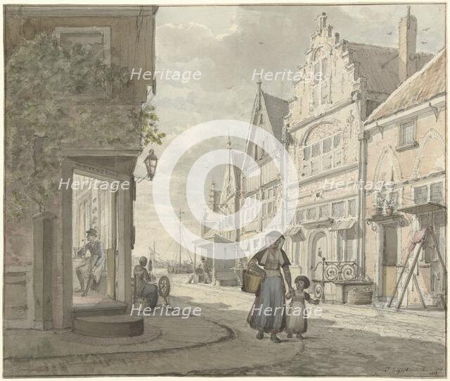 Woman and a child walk on the street in a fishing village, 1817. Creator: Johannes Jelgerhuis.