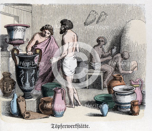 Ancient History. Greece. Pottery workshop, manufacturing of amphorae. German engraving, 1865.