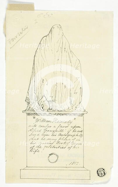 Visiting Card with Draped Monument, Artist's Inscription, 1852. Creator: Alfred Crowquill.