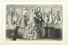 Well-to-do French couple looking at vases, 1865.  Creator: Unknown.