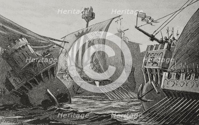 Naval combat between Catalans and Genoese, Middle Ages, 1890.  Creator: Joan Serra y Pausas.