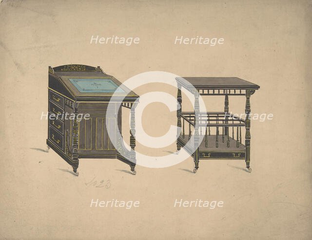 Design for a Desk on Wheels and a Canterbury Table on Wheels, 19th century. Creator: Anon.