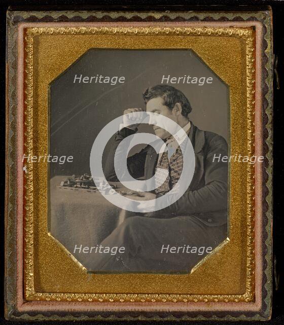 Man with a primitive calculating machine, about 1845. Creator: Unknown.