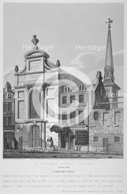 Church of St Mildred, Bread Street, City of London, 1838. Artist: Joseph Skelton