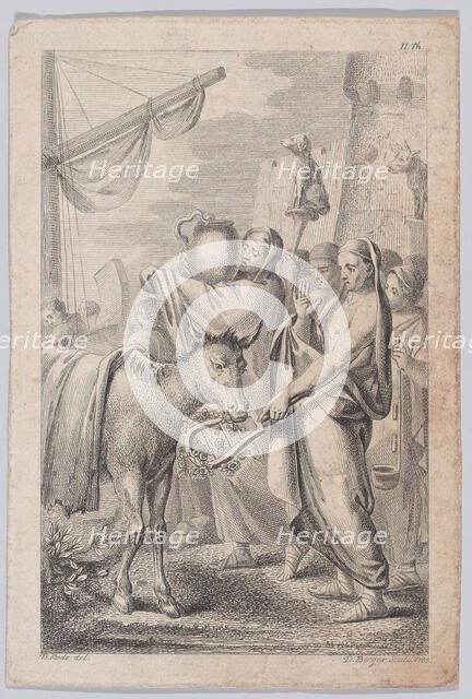 Figures at right near a ship, some holding up animals over their heads, a horse at left, 1783. Creators: Daniel Berger, Christian Bernhard Rode.