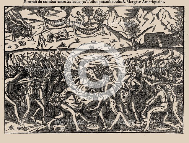 Portrait du combat entre les Sauvages Toüoupinambaoults et Margaias Amériquains. From "Histoire d'un Creator: Bry, Theodor de (1528-1598).