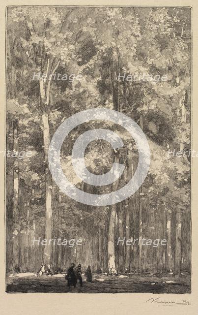 Fontainebleau Forest: Morning, Crossroads of the Route of the Forts de Marlotte..., 1890. Creator: Auguste Louis Lepère (French, 1849-1918); A. Desmoulins, Published in Revue Illustrée, 1887-90.