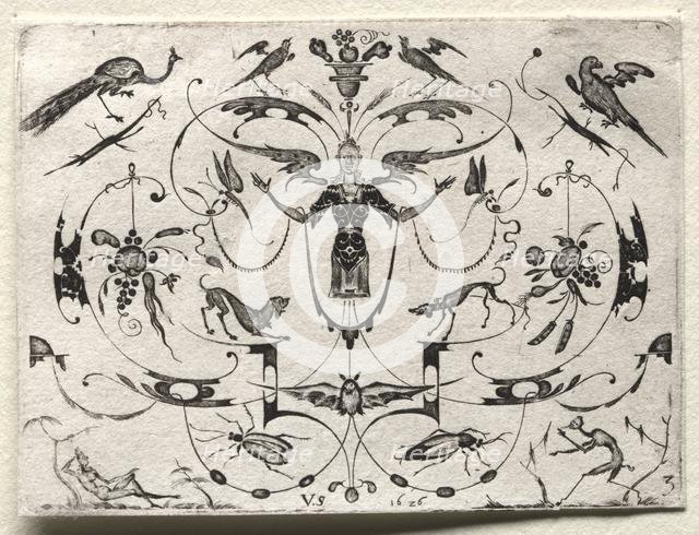 Arabesque with Peacock, Parakeet, Dogs and Insects, 1626. Creator: Valentin Sezenius (German).
