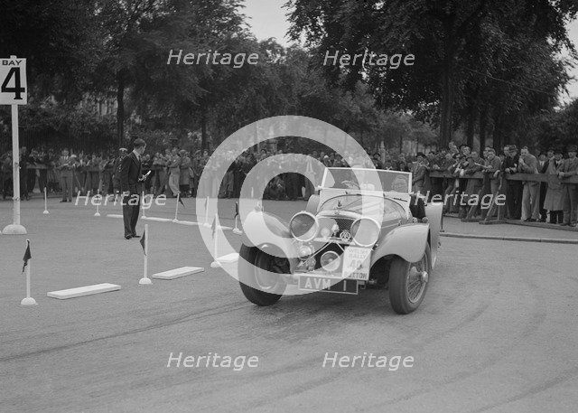 Jaguar SS 100 of Mrs V Hetherington competing in the South Wales Auto Club Welsh Rally, 1937 Artist: Bill Brunell.