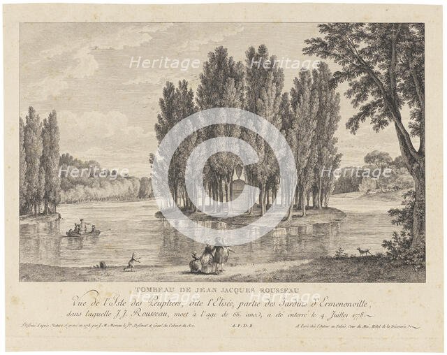 Jean Jacques Rousseau's grave care. View of L'île des Peupliers, called L'Elisée, the park..., 1778. Creator: Jean-Michel Moreau.