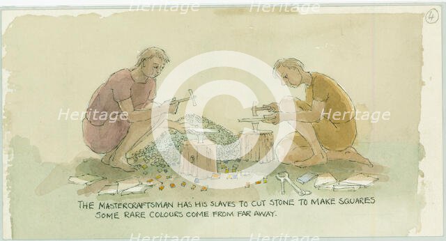 Two characters cutting stone to make small squares for the mosaicist, 2003. Creator: Judith Dobie.