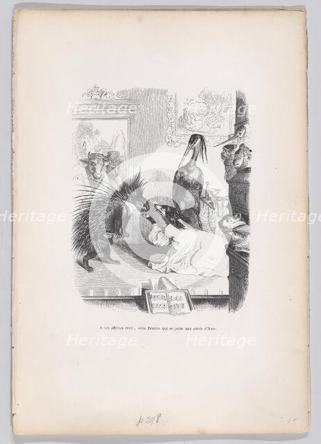 At this frightful story, Zemire throws himself at Azor's feet from Scenes from the ..., ca. 1837-47. Creator: Jean Ignace Isidore Gerard.