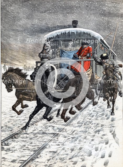 Crossing of Russian military wagons on Lake Baikal, during the Russo - Japanese war of 1904, draw…