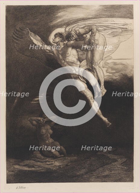Lucifer Carries Cain up into the Finite Space, from Eight Etchings on Byron's Cain , ..., 1919-1920. Creator: Rudolf Jettmar.