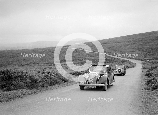 SS Stanley's Jaguar SS leading RS Mantle's Standard Flying 12 at the MCC Torquay Rally, July 1937. Artist: Bill Brunell.