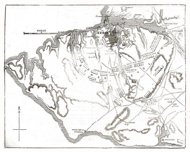 'Chart showing the relative positions of the batteries and Allied Forces around Sebastopol', 1854. Creator: Unknown.