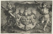 A Shield Bearing a Mask Supported by Two Genii, 1527. Creator: Lucas van Leyden (Dutch, 1494-1533).