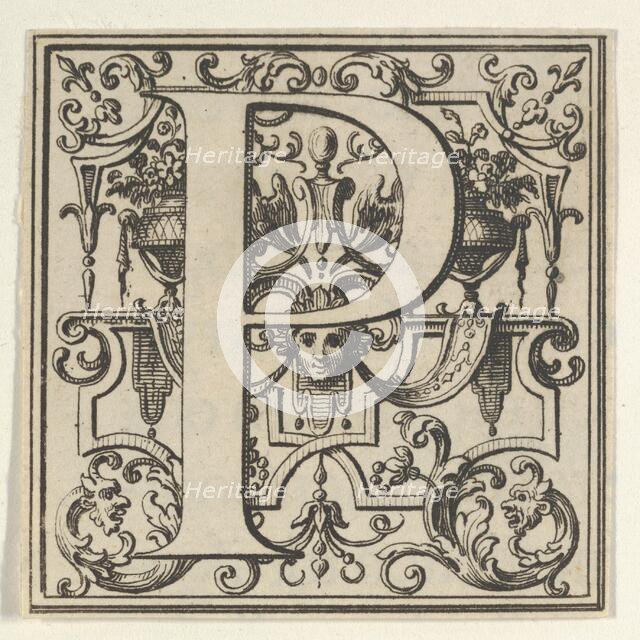 Roman Alphabet letter P with Louis XIV decoration, 18th century. Creator: Bernard Picart.