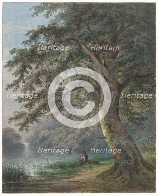 Angler under a large tree near a pond, 1882. Creator: Jan David Geerling Grootveld.