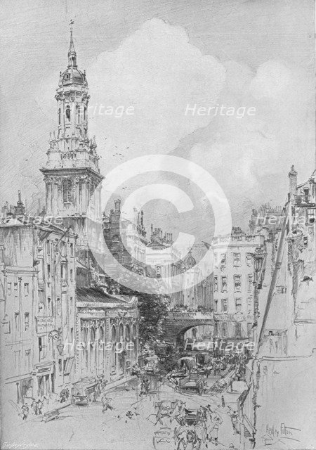 'St Magnus the Martyr showing the dry arch of London Bridge and the remains of the Mermaid Tavern',  Artist: Hedley Fitton.