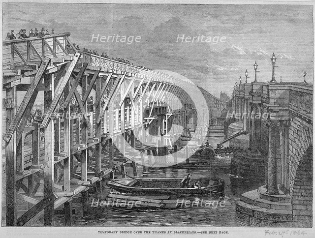 Temporary  wooden bridge over the River Thames at Blackfriars, London, 1864. Artist: Anon