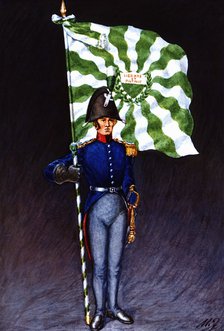 Flag bearer from the canton of Vaud, c. 1815. Color engraving from 1943, published by Editions Fr…