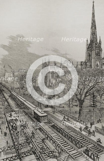 Panoramic view of the new elevated railway, Gilbert system, taken from New Church St, New York 1878. Creator: Unknown.